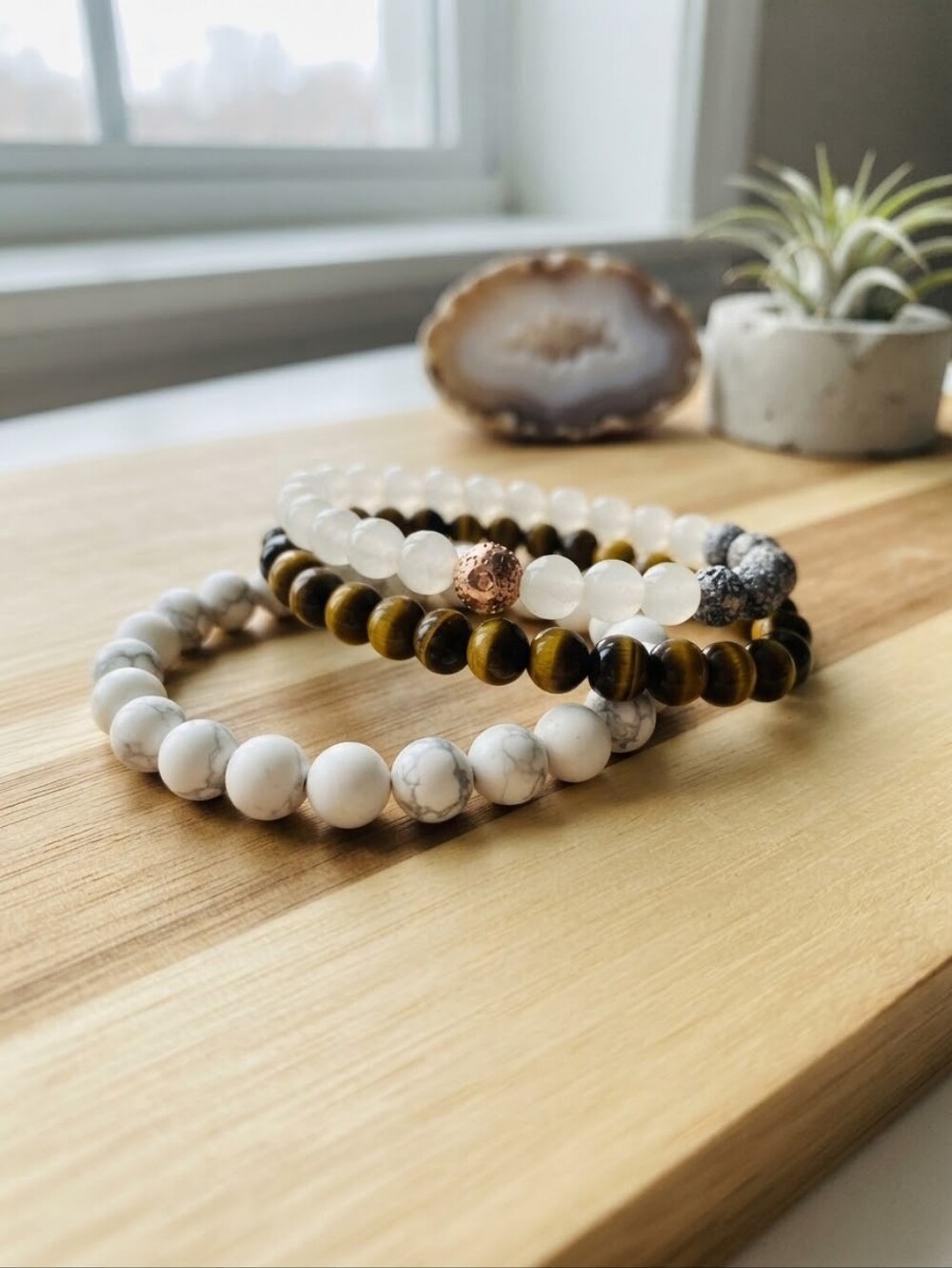Natural Gemstone Beaded Bracelet Stack Tiger's Eye Howlite Lava Boho CC